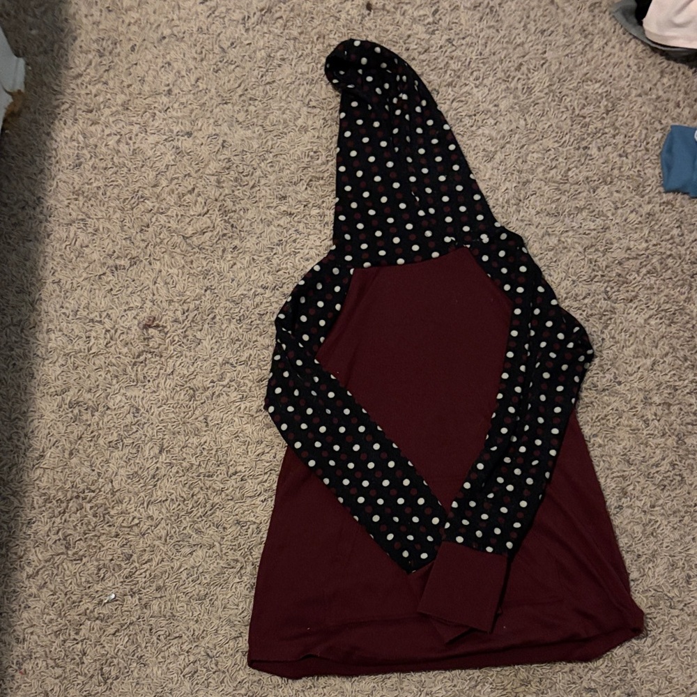 LuLaRoe Burgundy Hoodie with Polka Dot Sleeves